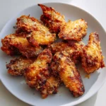 Baked garlic parmesan chicken wings arranged on a white plate, crispy and coated with parmesan crumbs.
