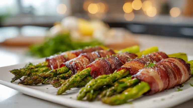 Beef pancetta–wrapped asparagus roasted until crisp, served on a white platter with warm lighting and a softly blurred kitchen background.