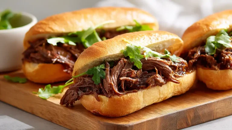 Shredded braised beef sandwiches on soft rolls with fresh herbs, arranged on a wooden board in bright natural light.