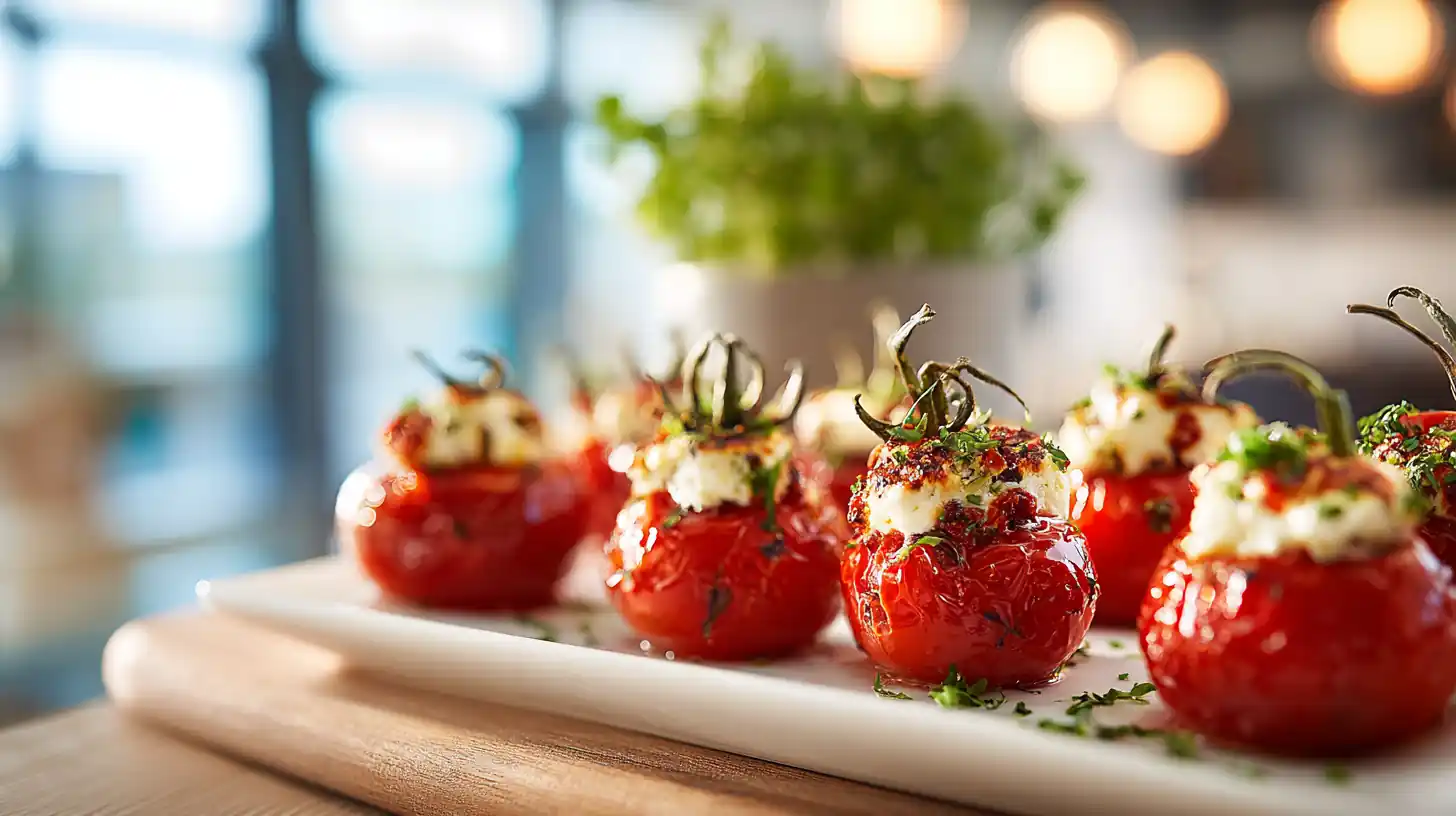 Cheese-stuffed cherry tomatoes on a white platter with herbs, styled in natural light on a wooden surface