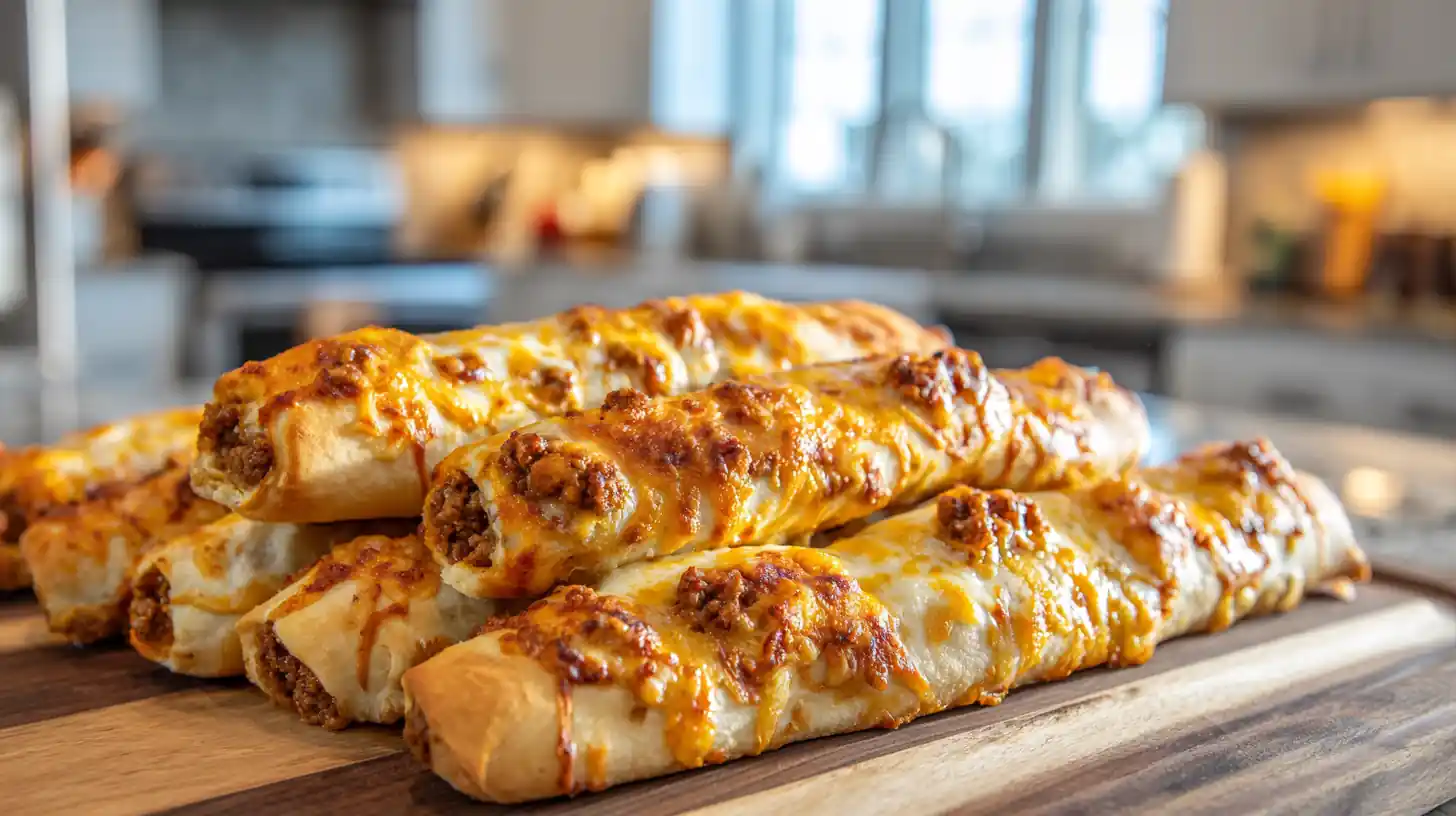 Cheesy Beef Stuffed Breadsticks 2 Cheesy beef stuffed breadsticks stacked on a wooden board with melted cheese and a softly blurred kitchen background.