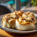 Pulled Chicken Stuffed Sweet Rolls 3 Pulled chicken stuffed sweet rolls on a plate with melted cheese and soft golden dough.