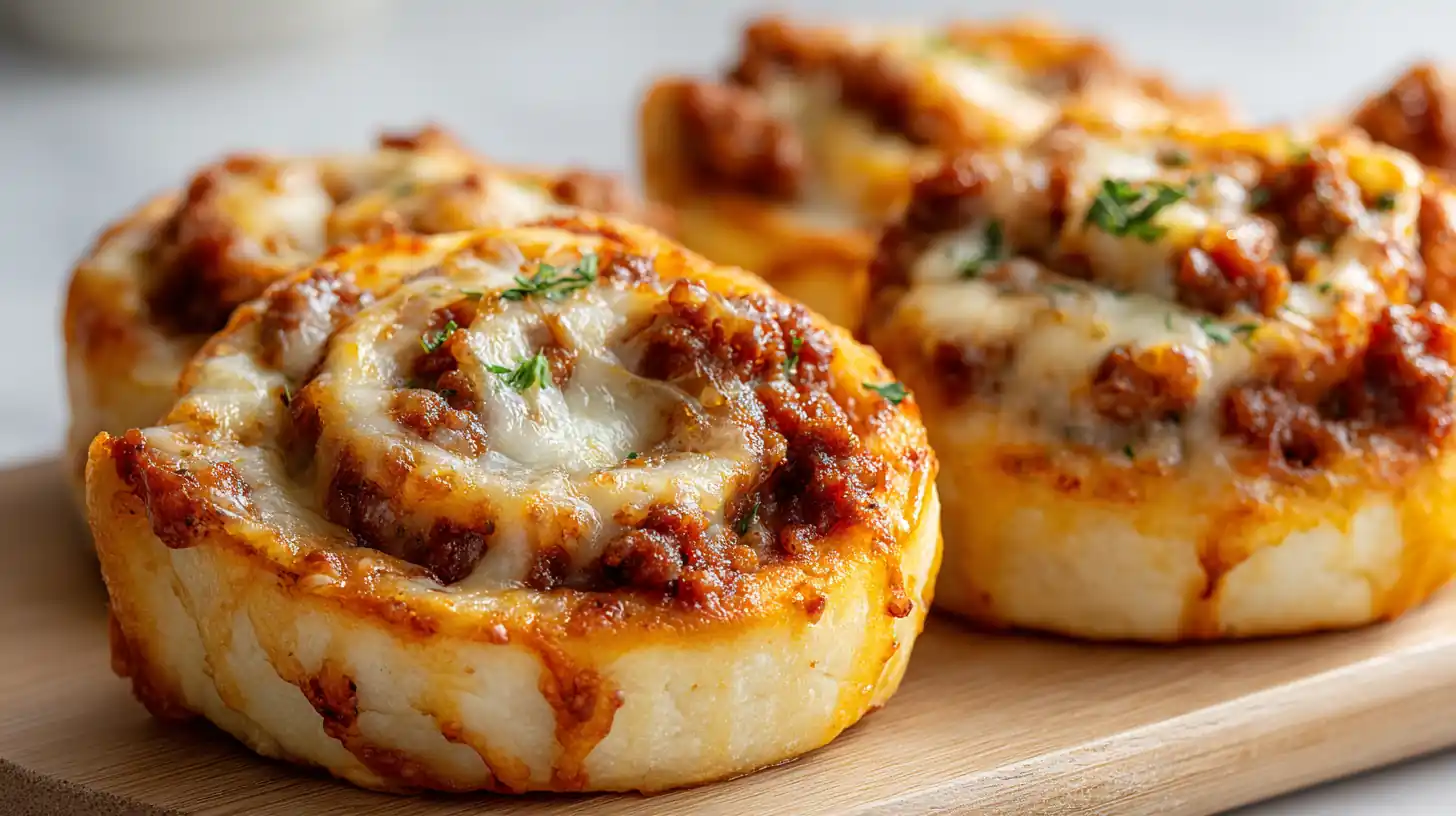 Close-up of baked sausage pizza pinwheels with melted mozzarella and browned edges on a wooden board.