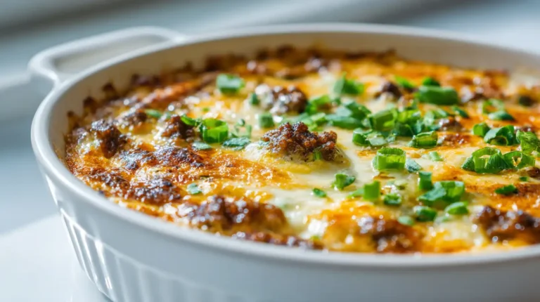 Baked cheesy taco dip with seasoned ground beef, melted cheese, and green onions in a white baking dish