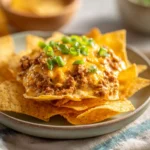 Cheesy Taco Dip with Beef 3 Cheesy taco dip with beef scooped onto tortilla chips and topped with melted cheese and green onions