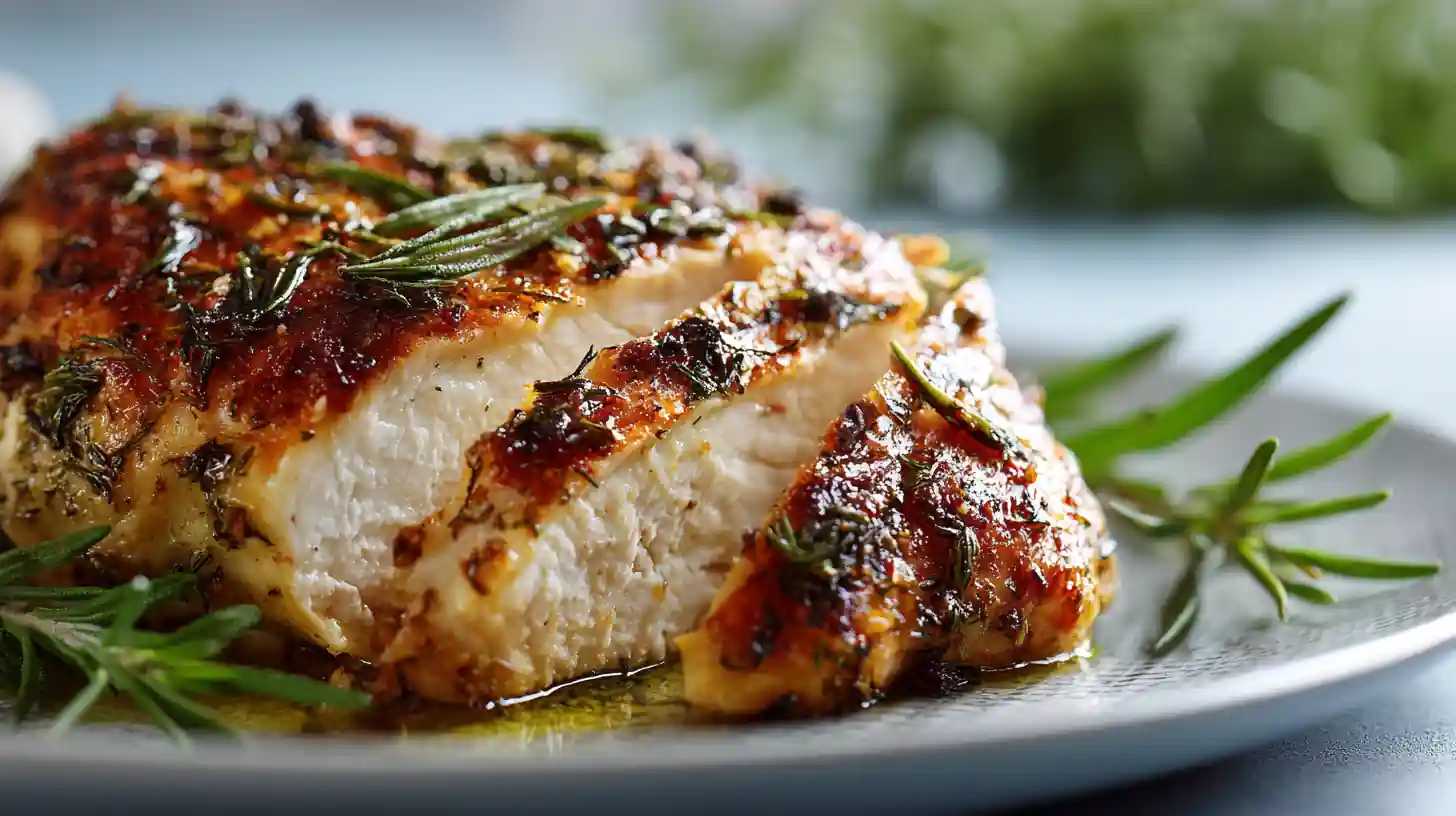 Chicken Breast with Olive Oil & Herbs 2 Sliced herb-crusted chicken breast with olive oil resting on a plate with fresh rosemary, showing a juicy interior.