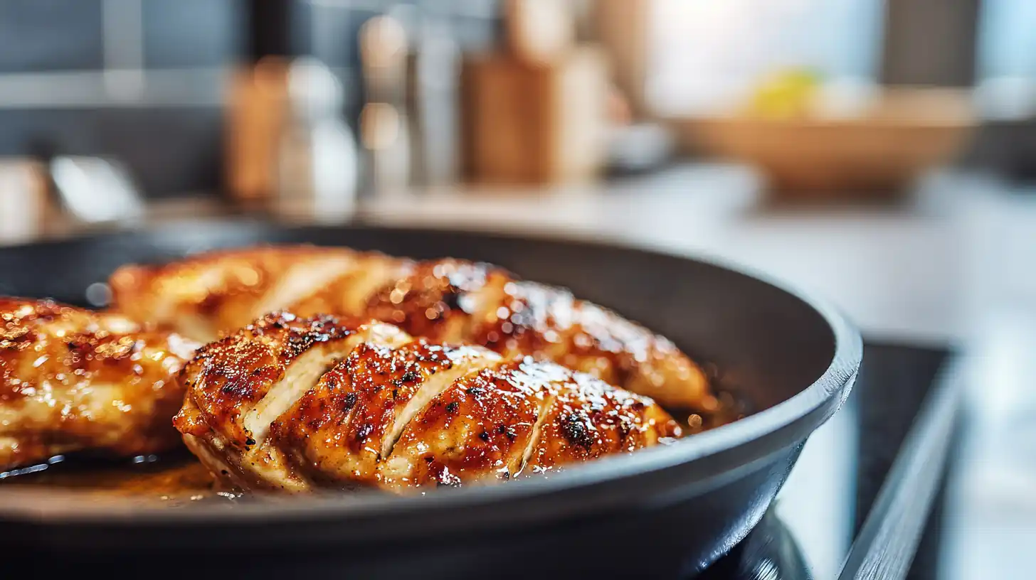Chicken Breast with Soy Ginger Glaze 2 Pan-seared chicken breasts in a skillet coated with glossy soy ginger glaze, golden and caramelized in warm kitchen light.