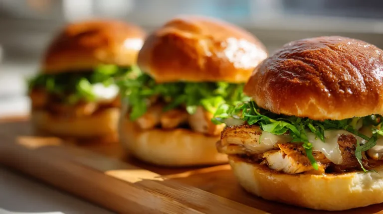 Chicken Philly sliders on a wooden board with melted cheese, grilled chicken, and fresh greens on toasted buns.