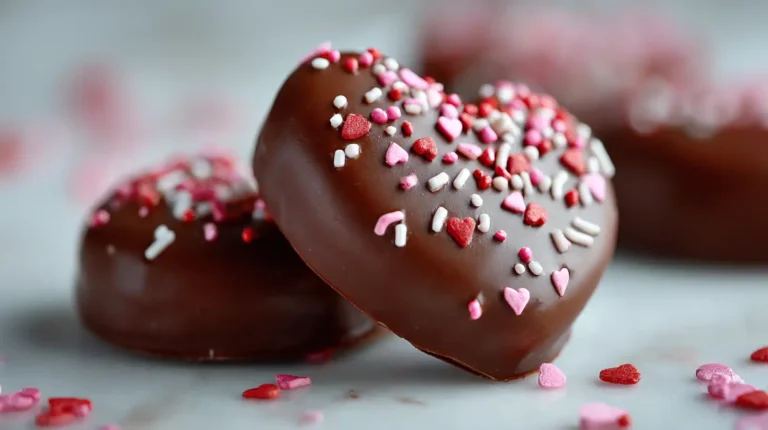Chocolate covered Oreo heart with pink and red Valentine sprinkles on a light surface, close-up with soft background blur.