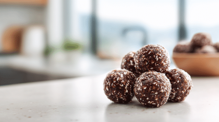 Chocolate truffle energy bites stacked on a light countertop with a softly blurred kitchen background.
