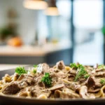 Creamy beef stroganoff with mushrooms and egg noodles served in a shallow pan with fresh herbs in a bright modern kitchen.