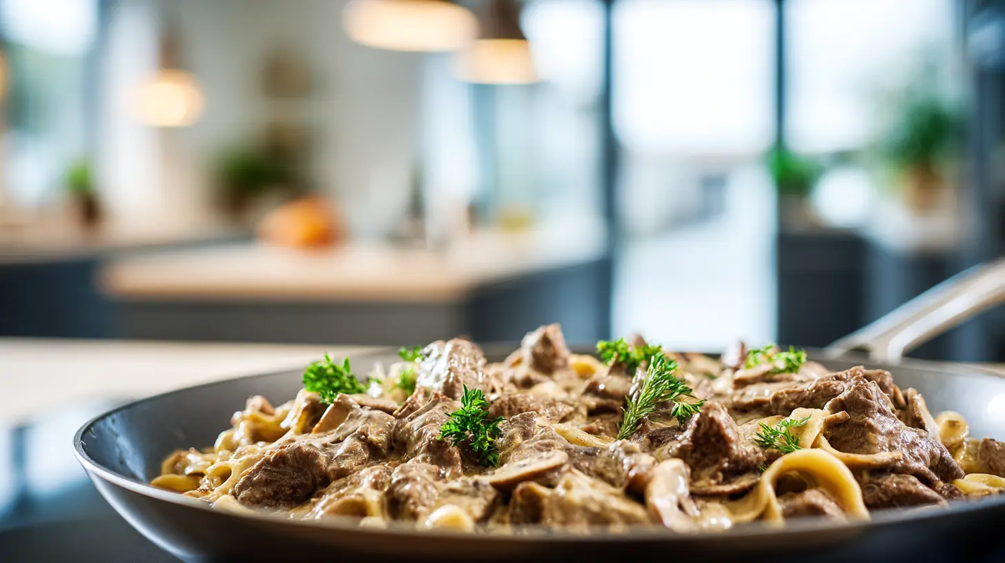 Beef Stroganoff Skillet 2 Creamy beef stroganoff with mushrooms and egg noodles served in a shallow pan with fresh herbs in a bright modern kitchen.