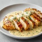 Sliced creamy ranch chicken breast served on a white plate with smooth herb-speckled sauce.