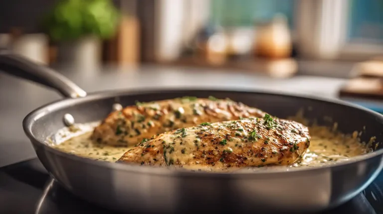 Creamy ranch chicken breasts cooking in a skillet with a rich herb sauce, photographed in warm natural light in a modern kitchen.