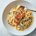 Creamy Salmon Alfredo Pasta 3 Plate of creamy salmon alfredo pasta topped with a seared salmon fillet and herbs on a white background.