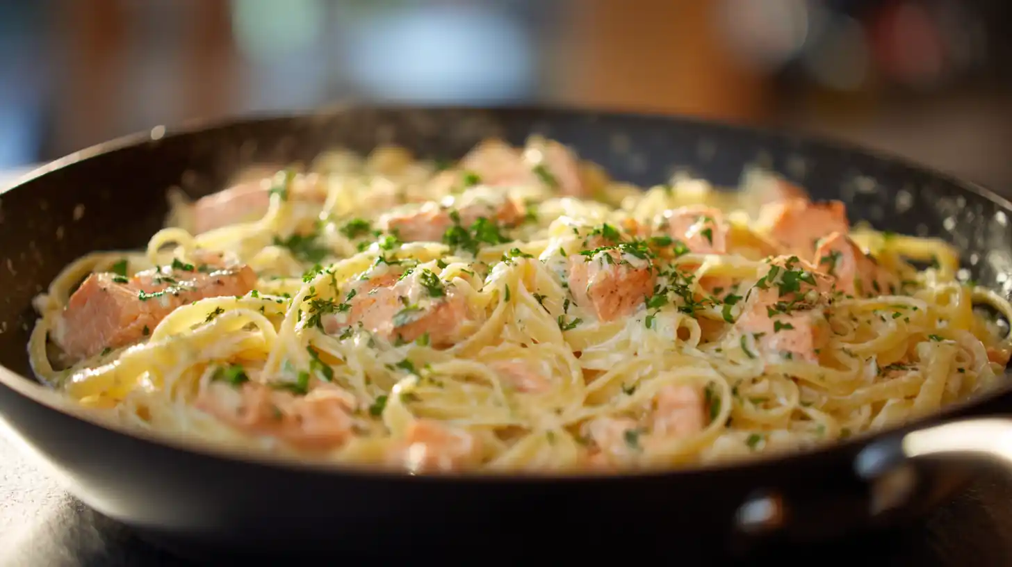 Creamy Salmon Alfredo Pasta 2 Creamy salmon alfredo pasta tossed in a skillet with flaky salmon pieces, Parmesan sauce, and fresh herbs.