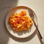 Sausage Alfredo Pasta Bake 3 Single serving of sausage Alfredo pasta bake on a white plate with creamy layers and lightly browned cheese.