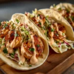 Three shrimp tacos on a wooden board topped with creamy sauce, shredded slaw, and chopped herbs.