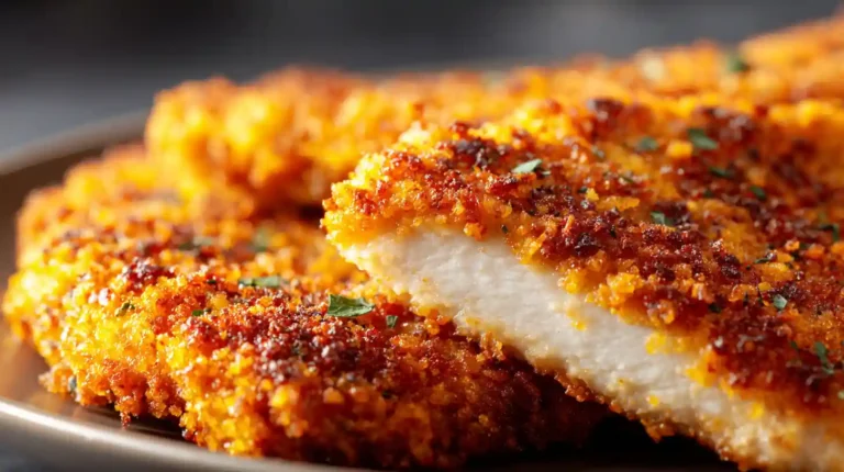 Close-up of crispy breadcrumb baked chicken breast with golden crust and juicy white meat inside on a plate.