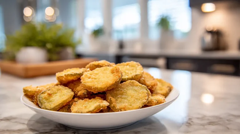 Golden fried pickle chips piled in a white bowl on a marble counter with a bright modern kitchen softly blurred in the background.