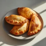 Mini beef calzones stacked on a light plate with crisp golden crusts in soft natural sunlight.