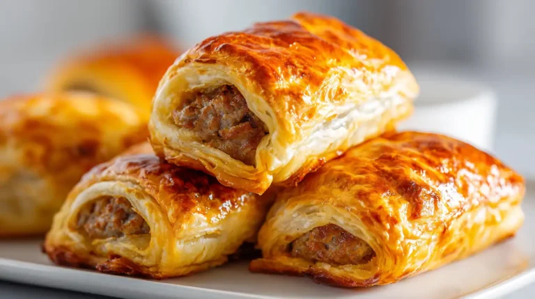 Golden mini beef and turkey sausage rolls stacked on a white plate with flaky puff pastry layers and visible savory filling.