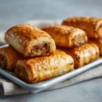 Mini beef and turkey sausage rolls arranged on a metal baking tray with shiny golden puff pastry and crisp edges.