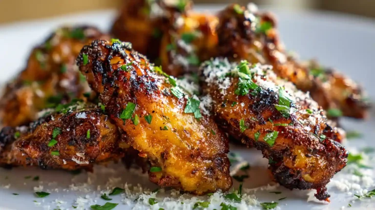 Golden garlic parmesan chicken wings with crispy skin, topped with grated parmesan and fresh parsley on a white plate.