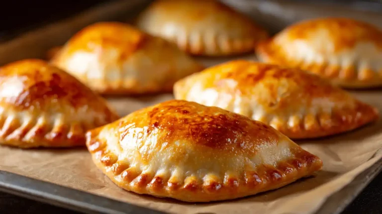 Golden baked chicken empanadas with flaky crust resting on parchment paper on a baking sheet.