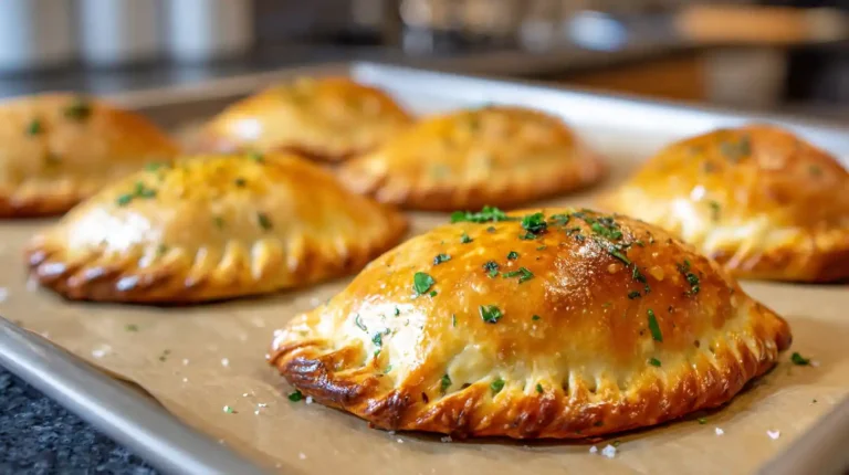 Golden mini beef calzones baked on a parchment-lined sheet pan with glossy crusts and light herb garnish.