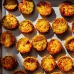 Evenly spaced fried pickle chips baked to a deep golden brown on a parchment-lined baking sheet under warm light.