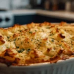 Baked ground beef shepherd’s pie with golden mashed potato topping in a white casserole dish on a kitchen counter