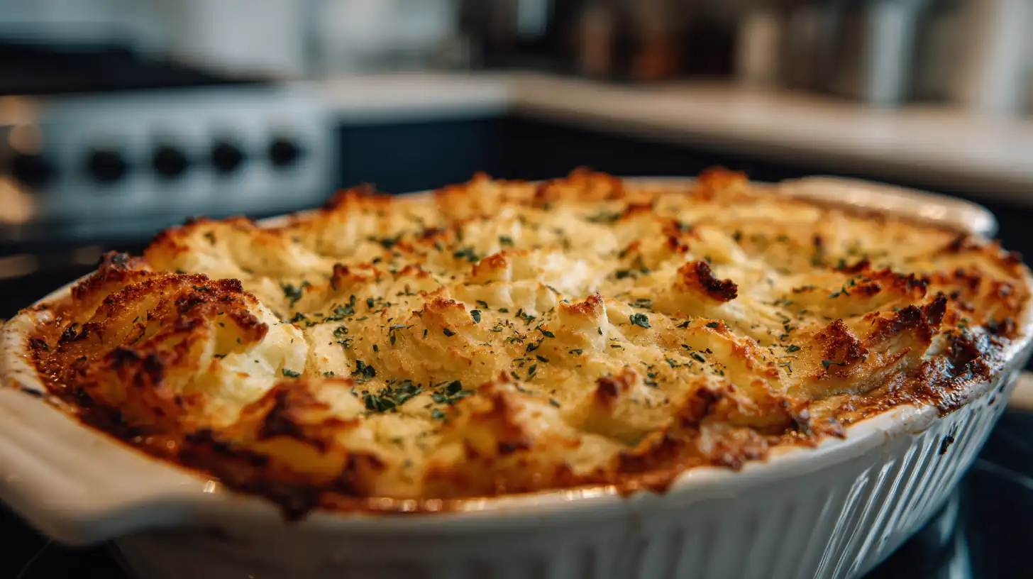 Ground Beef Shepherd’s Pie 2 Baked ground beef shepherd’s pie with golden mashed potato topping in a white casserole dish on a kitchen counter