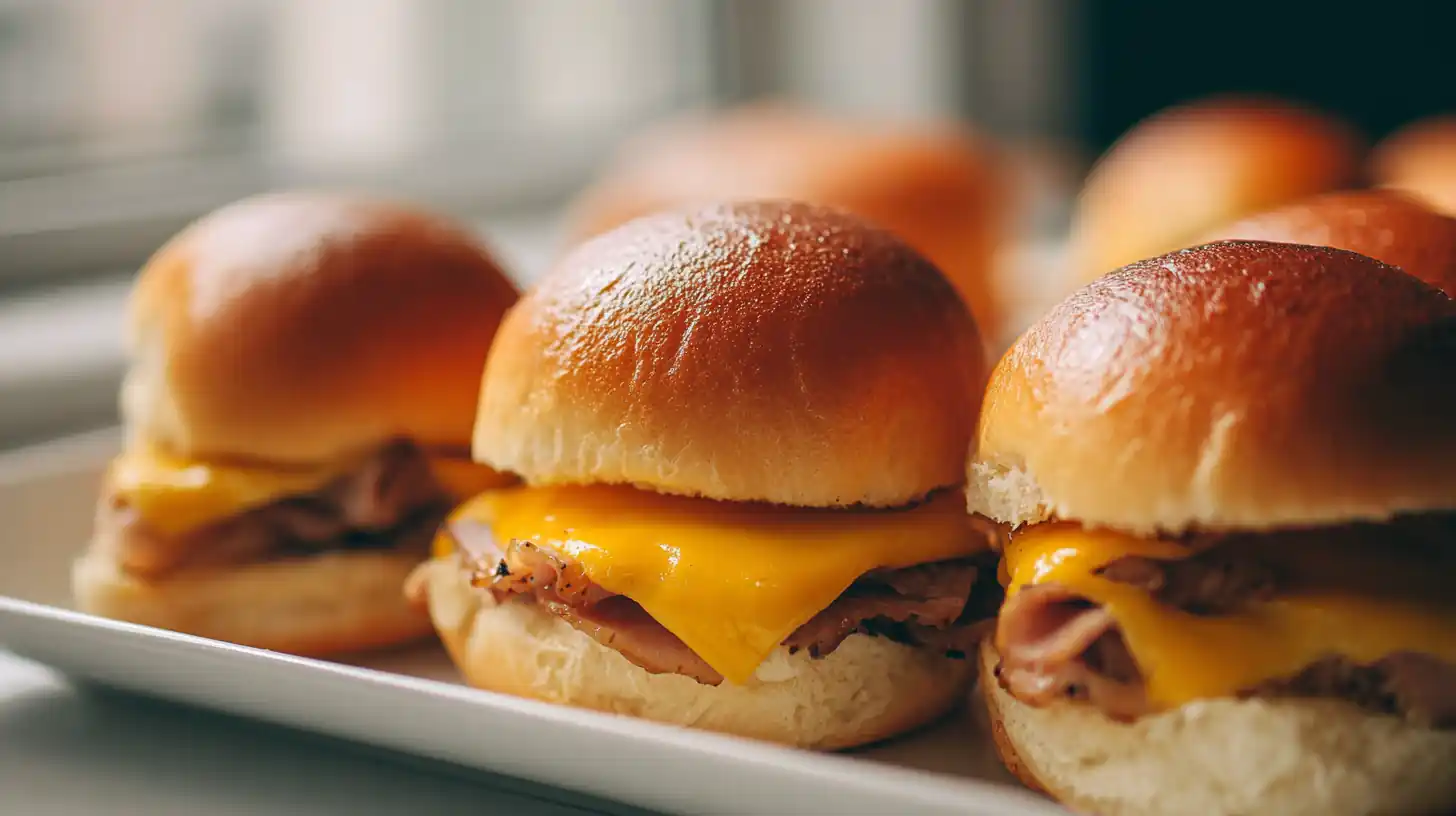 Ham and Cheese Hawaiian Sliders 2 Golden Hawaiian sliders filled with sliced turkey and melted cheese, lined up on a white platter in soft natural light.