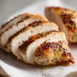 Chicken Breast with Olive Oil & Herbs 3 Thick slices of oven-baked chicken breast seasoned with olive oil and herbs arranged on parchment paper.