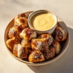 Bowl of soft pretzel bites dusted with salt and served with warm cheese sauce in bright natural light.