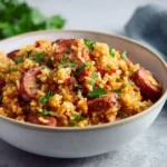 Smoked Sausage Jambalaya 3 Beef or turkey smoked sausage jambalaya with rice, tomatoes, and herbs served in a light bowl on a neutral surface.