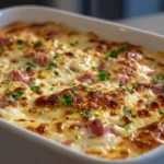 Hot Reuben dip baked until bubbly with melted Swiss cheese and chopped corned beef in a white baking dish.