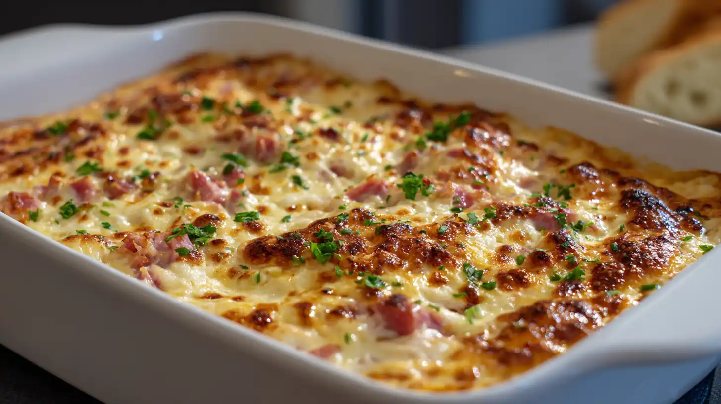 Hot Reuben dip baked until bubbly with melted Swiss cheese and chopped corned beef in a white baking dish.