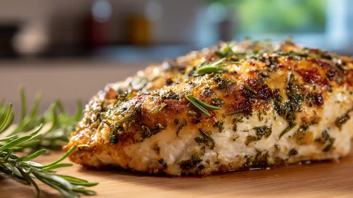 Italian Herb Baked Chicken Breast 2 Close-up of Italian herb baked chicken breast with a golden crust and fresh rosemary on a wooden cutting board.