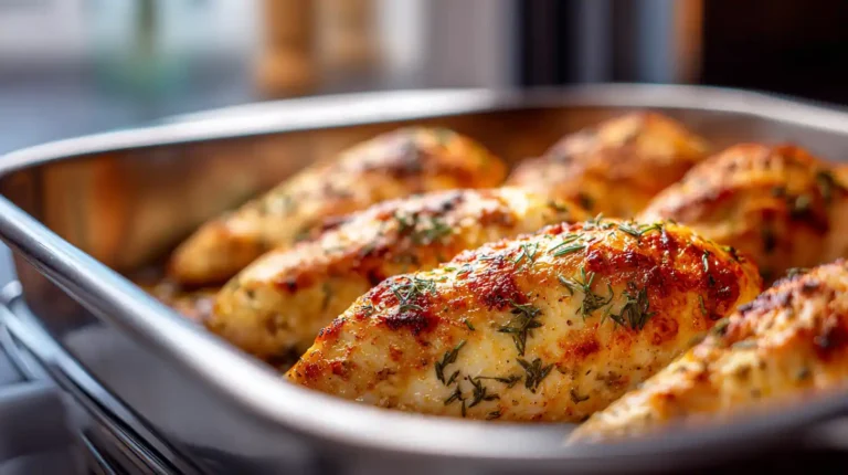 Oven-baked chicken breasts in a metal baking dish with golden seasoning and herbs, photographed in warm natural kitchen light.