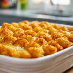 Golden loaded tater tot casserole baked in a white dish with crispy tots and melted cheese on a wooden countertop.