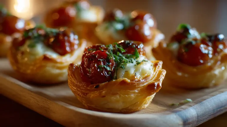 Close-up of flaky puff pastry cups filled with melted mozzarella, roasted cherry tomatoes, and herbs on a wooden board.