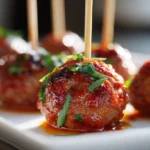 Mini meatball skewers coated in glossy marinara sauce, garnished with fresh herbs, served on a white platter in warm light.