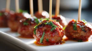 Mini meatball skewers coated in glossy marinara sauce, garnished with fresh herbs, served on a white platter in warm light.