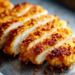 Crispy Breadcrumb Baked Chicken Breast 3 Sliced crispy breadcrumb baked chicken breast showing crunchy coating and moist interior on a dark surface.