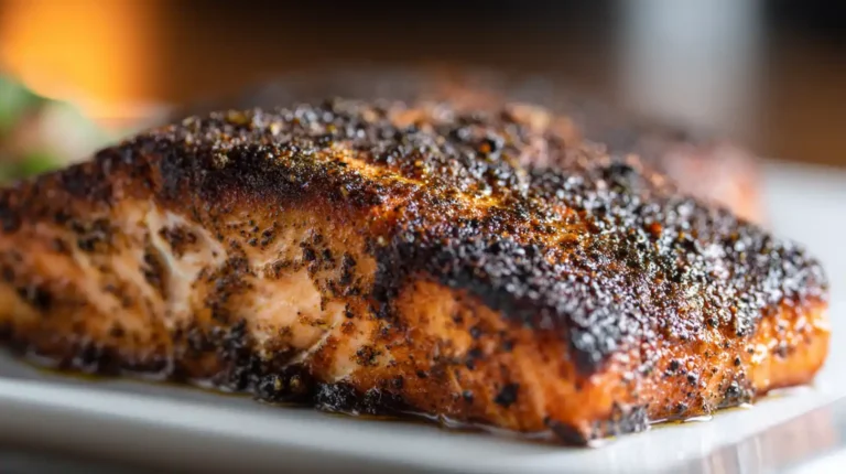 Close-up of blackened salmon with a thick, dark spice crust and flaky interior resting on a white plate.