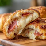 Pizza stuffed pretzel bun cut open on a wooden board, showing melted mozzarella and turkey pepperoni inside a golden crust.