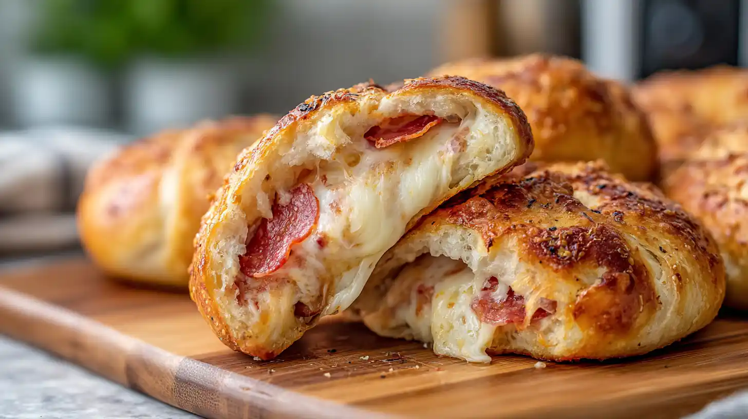 Pizza Stuffed Pretzel Buns 2 Pizza stuffed pretzel bun cut open on a wooden board, showing melted mozzarella and turkey pepperoni inside a golden crust.