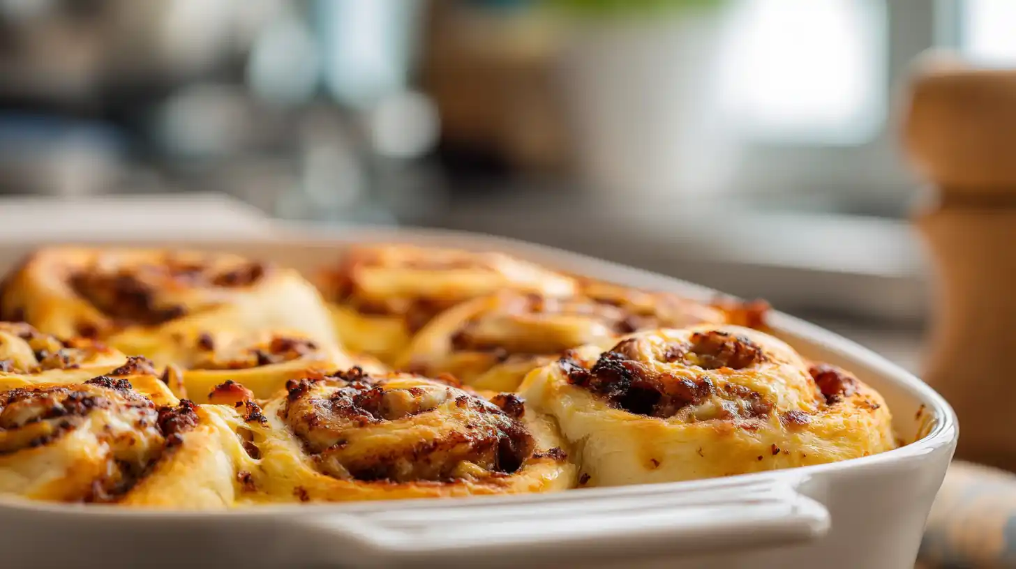 Pulled Chicken Stuffed Sweet Rolls 2 Baked pulled chicken stuffed sweet rolls in a white casserole dish, golden and cheesy, fresh from the oven.